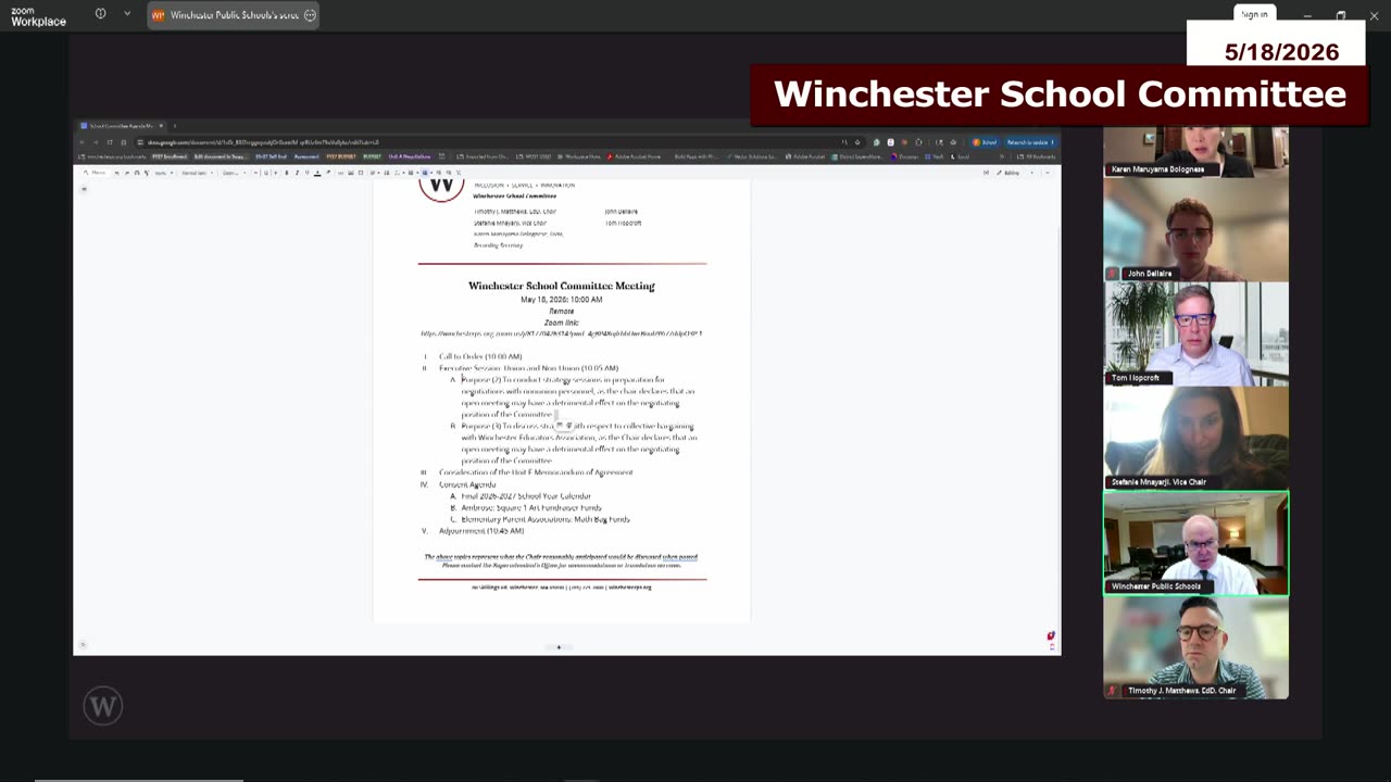Meeting agenda document with Winchester School Committee banner