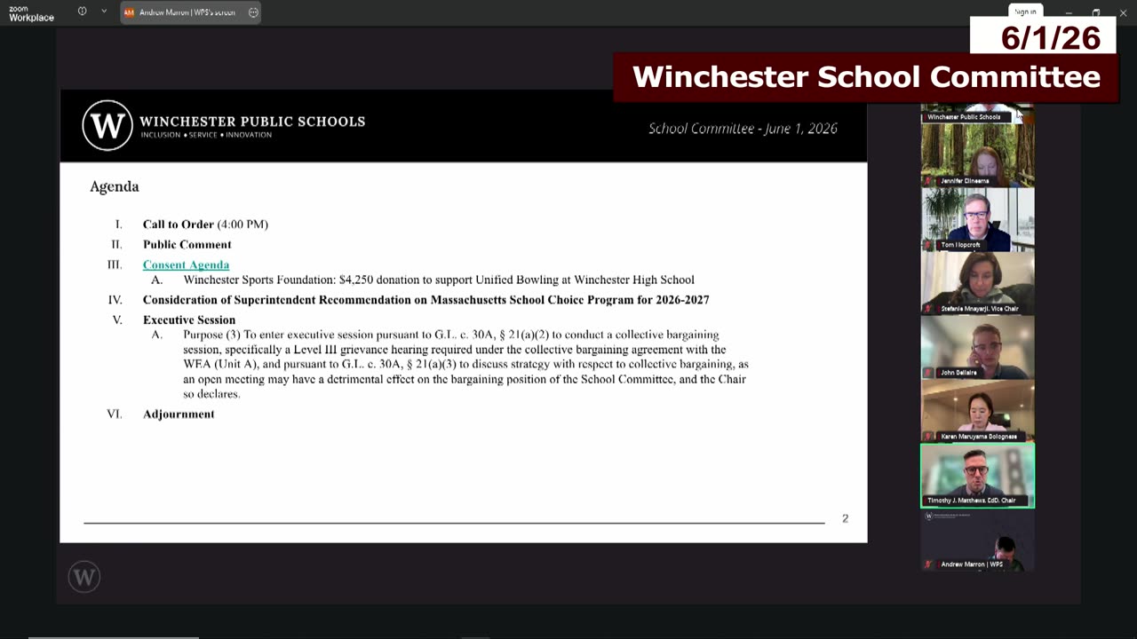 School Committee meeting agenda slide
