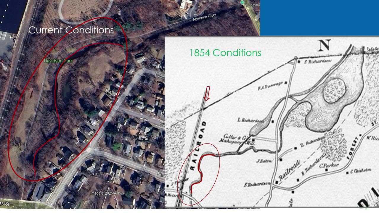 Current conditions aerial vs 1854 historical map comparison