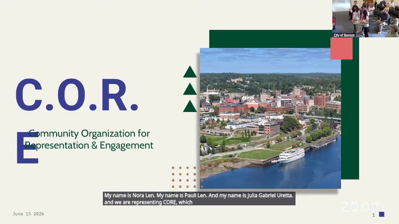 C.O.R.E. presentation slide with Bangor aerial view