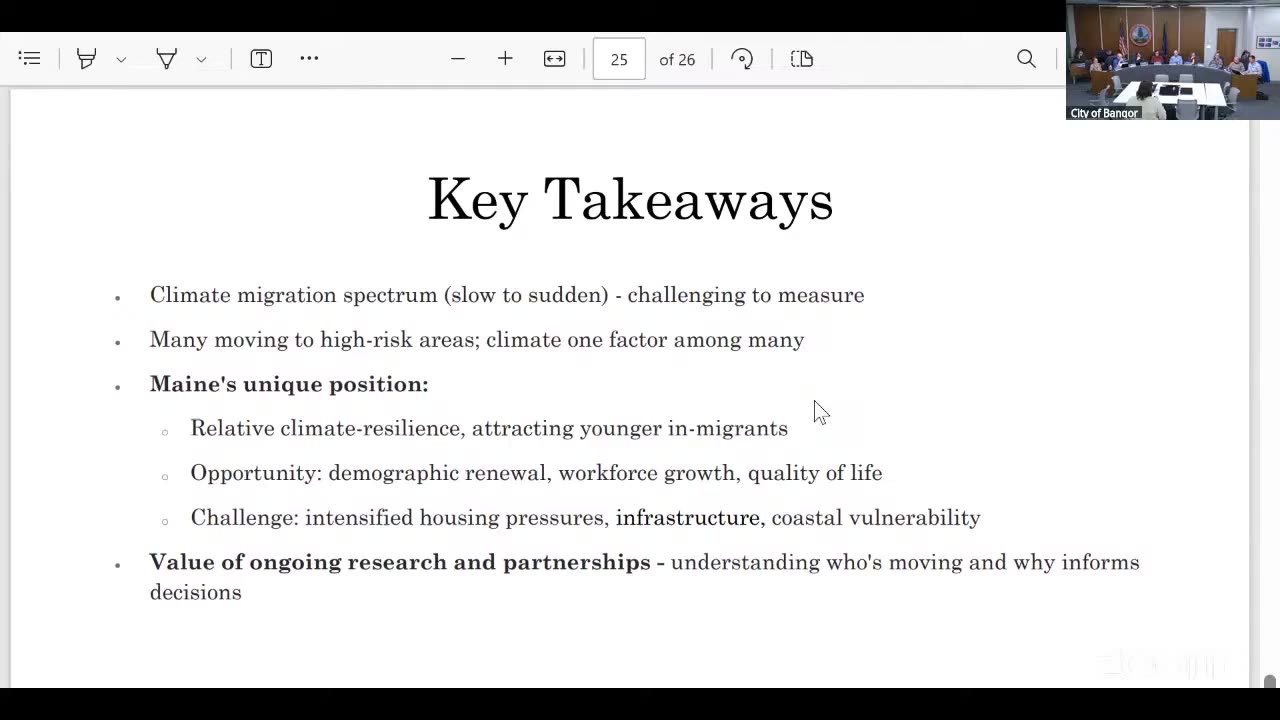 Key Takeaways slide on climate migration and Maine