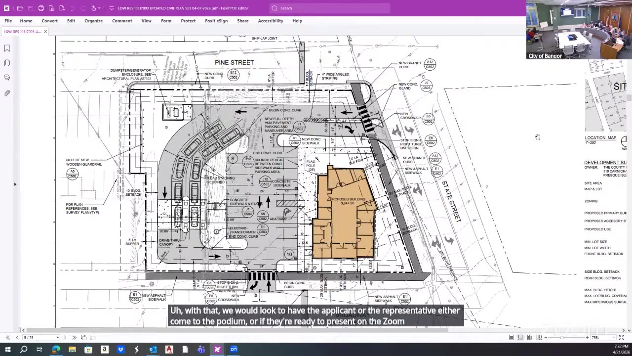 Site plan showing proposed building, parking, and street layout