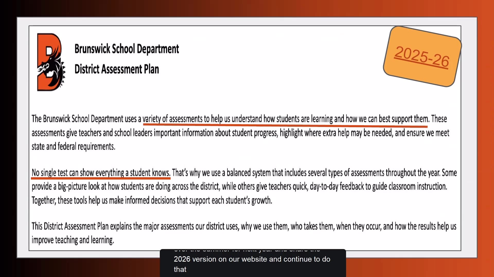 Brunswick School Department District Assessment Plan document