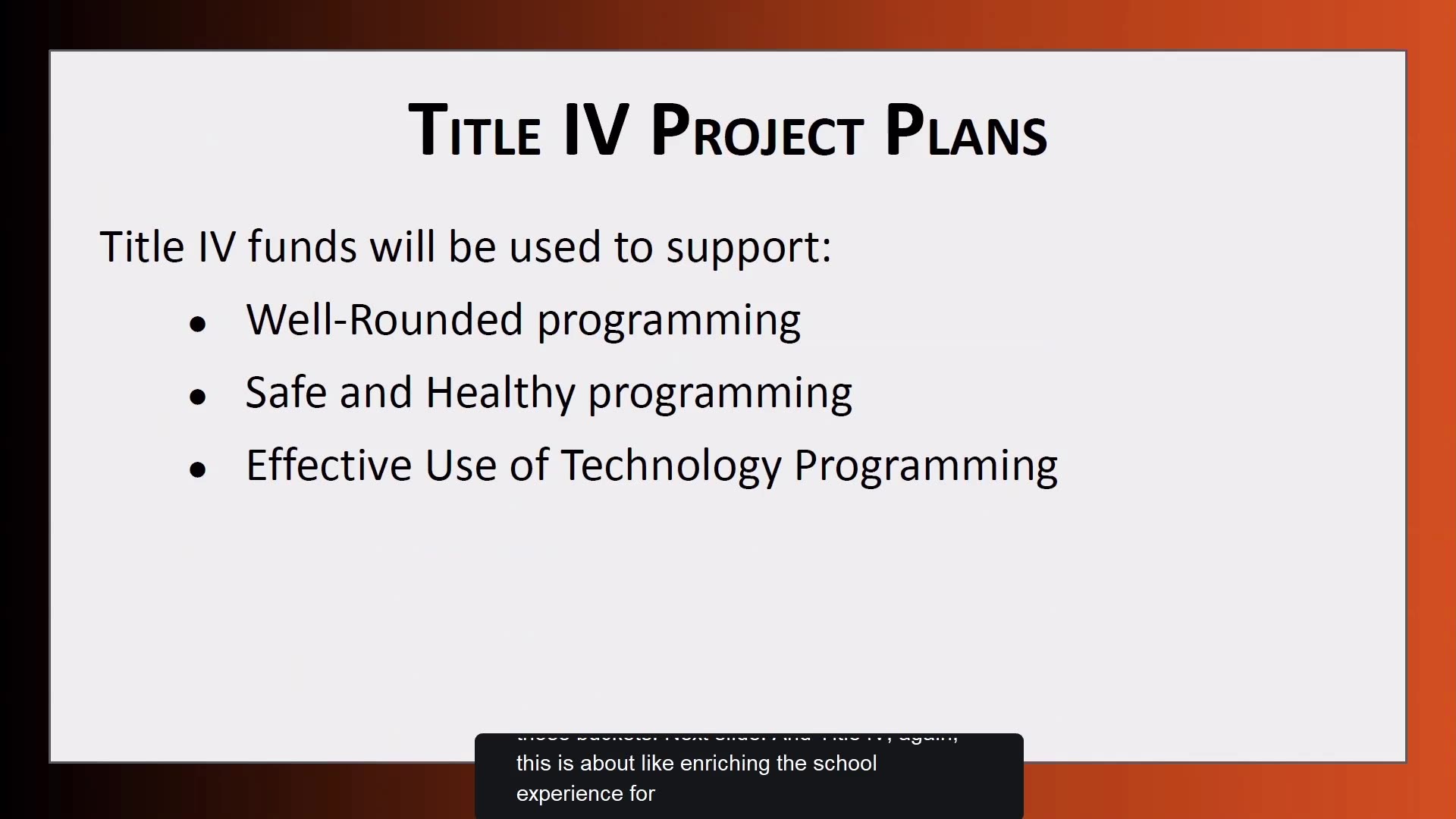 Title IV Project Plans slide with three programming focus areas