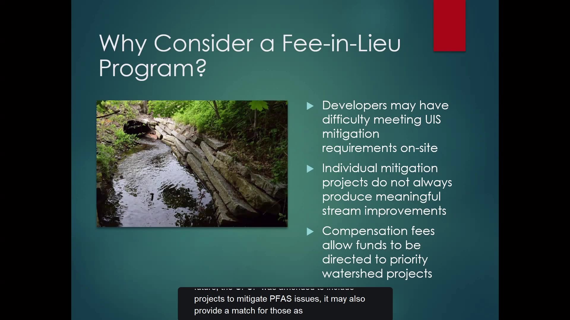 Why Consider a Fee-in-Lieu Program? slide with stream photo and bullets