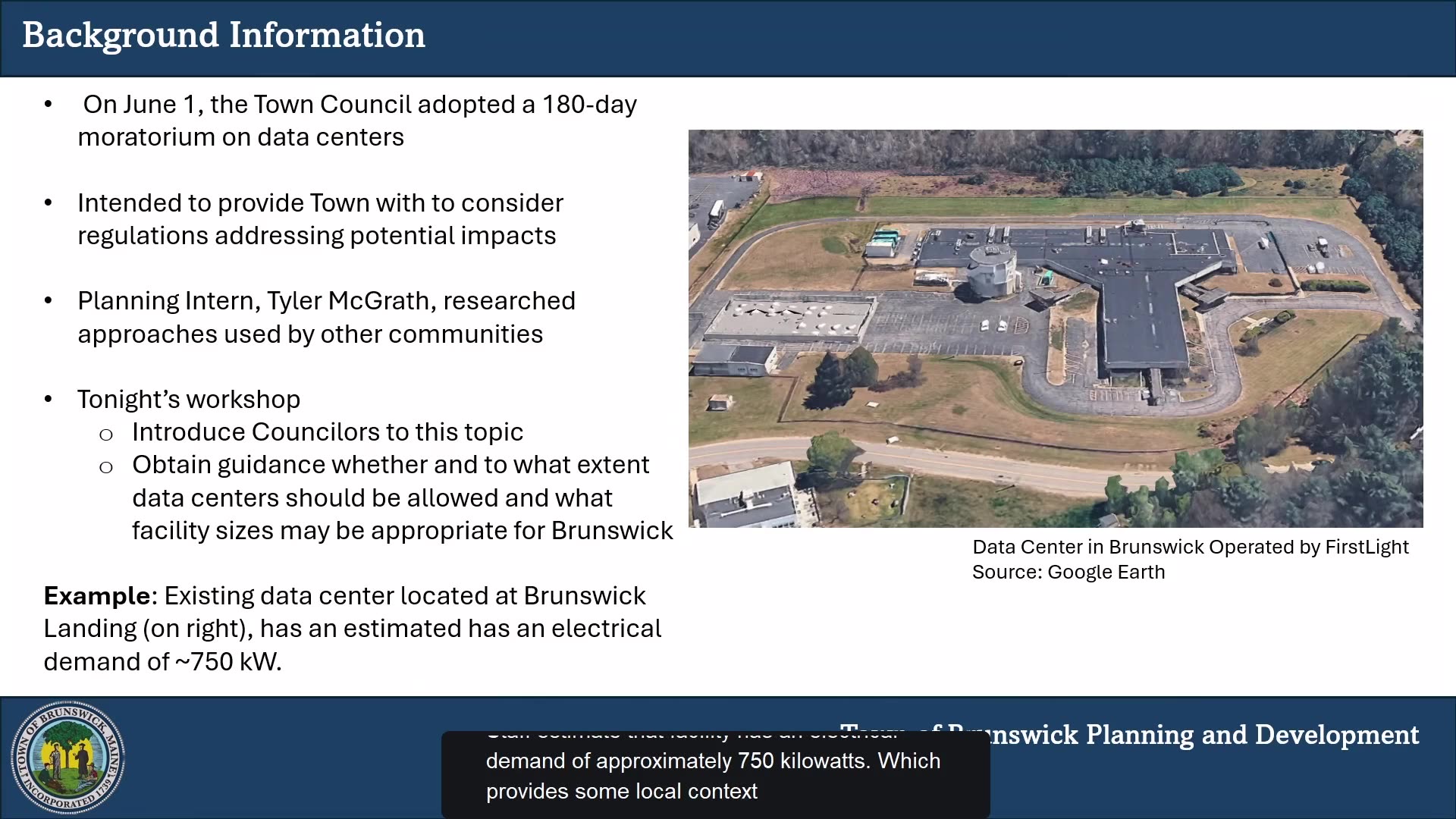 Background on data center moratorium and existing Brunswick facility
