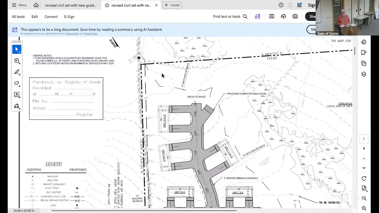 Detailed site plan with legend, dimensions, and proposed dumpster enclosure