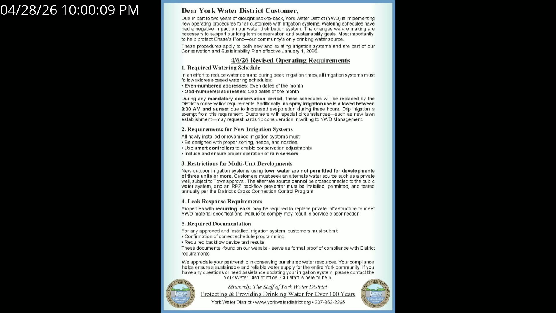 York Water District revised irrigation and conservation requirements letter