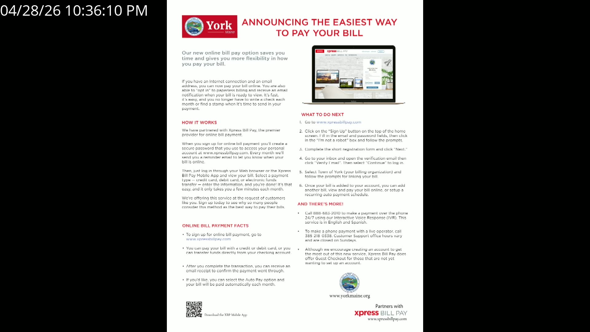 York online bill pay announcement with Xpress Bill Pay details