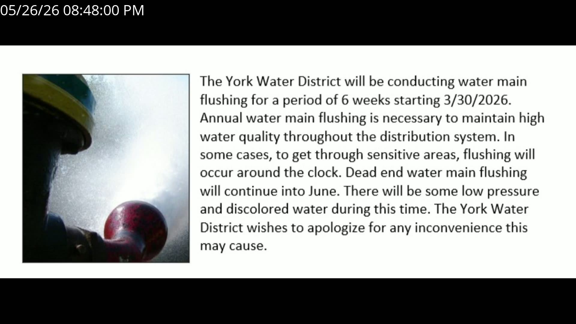 York Water District water main flushing notice and schedule