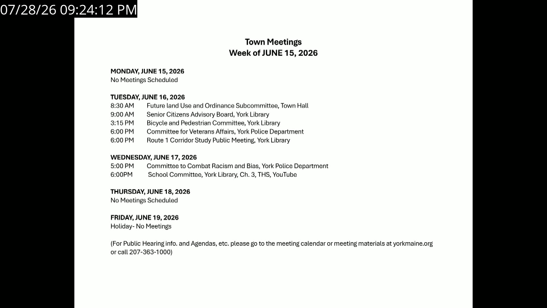 Town meetings schedule for week of June 15, 2026