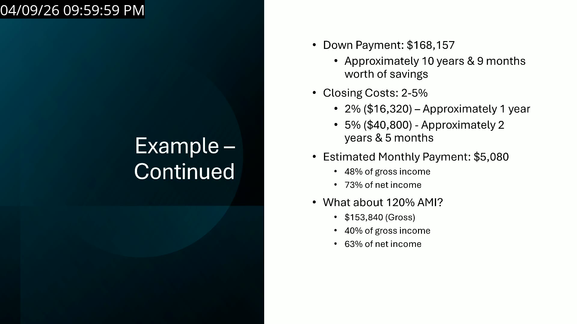 Slide: down payment, closing costs, monthly payment example with AMI calc