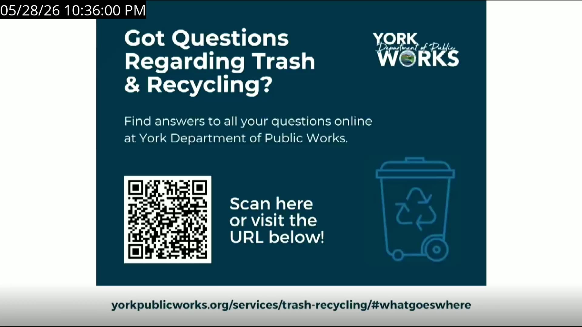 York Public Works trash & recycling info slide with QR code