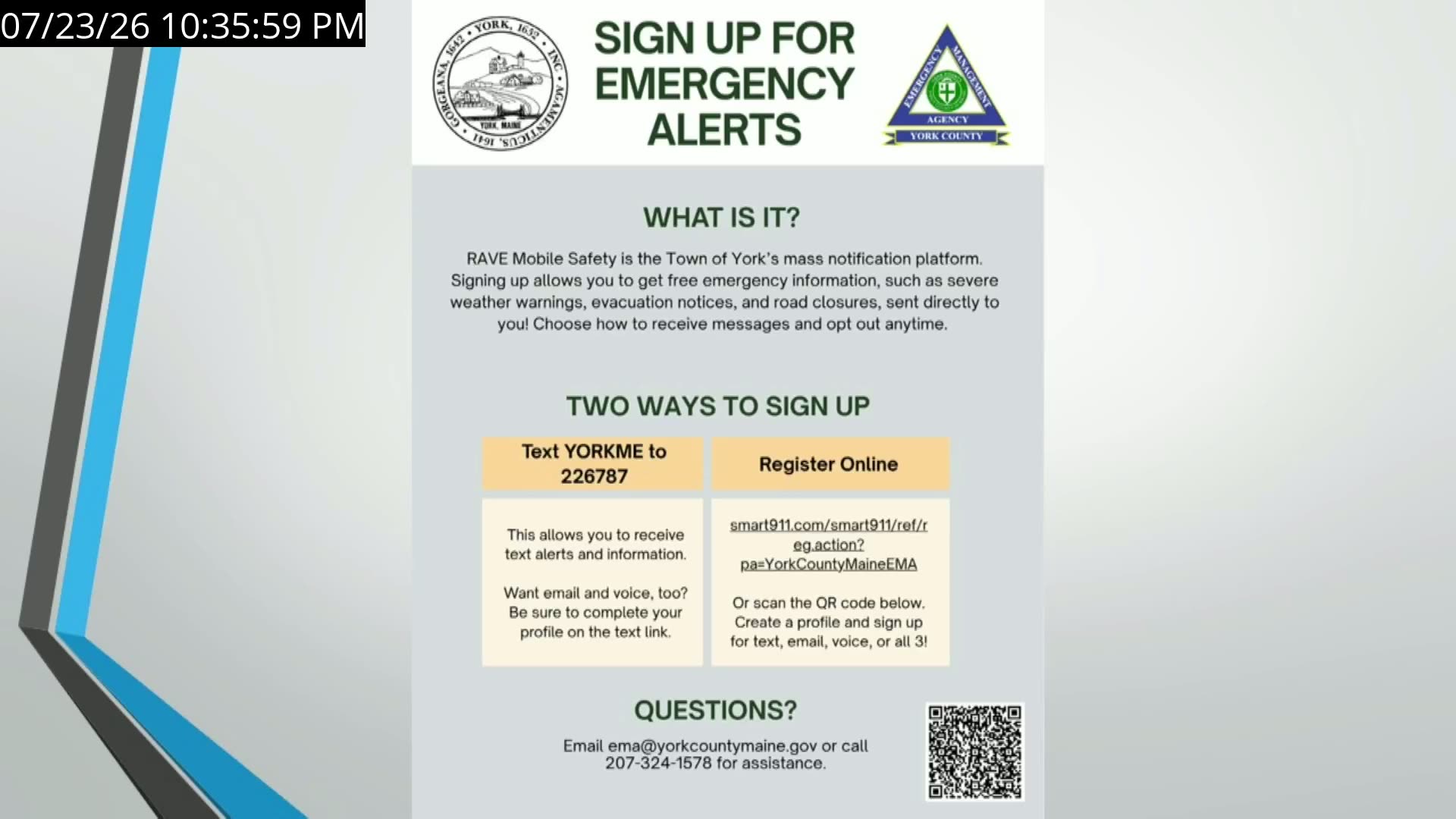 Emergency alert signup slide with instructions and QR code