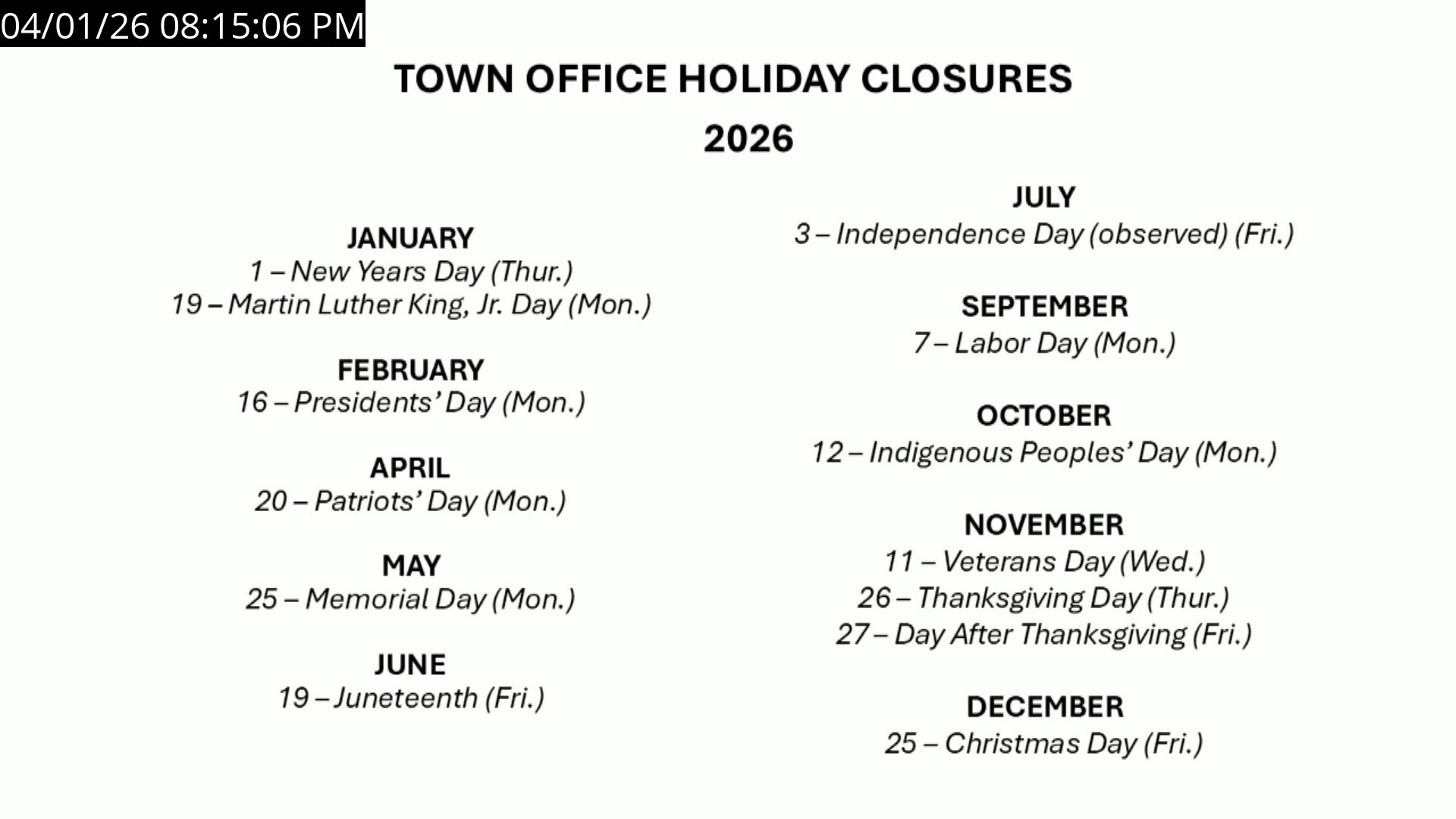 Town office holiday closures 2026 list