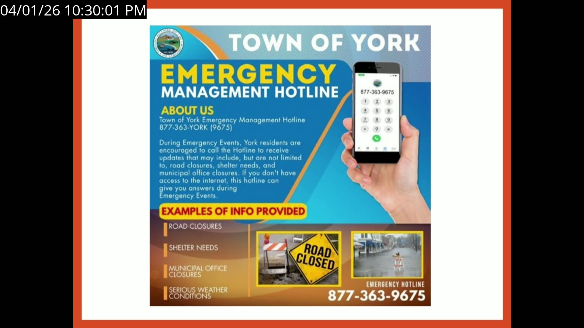 Town of York emergency management hotline slide