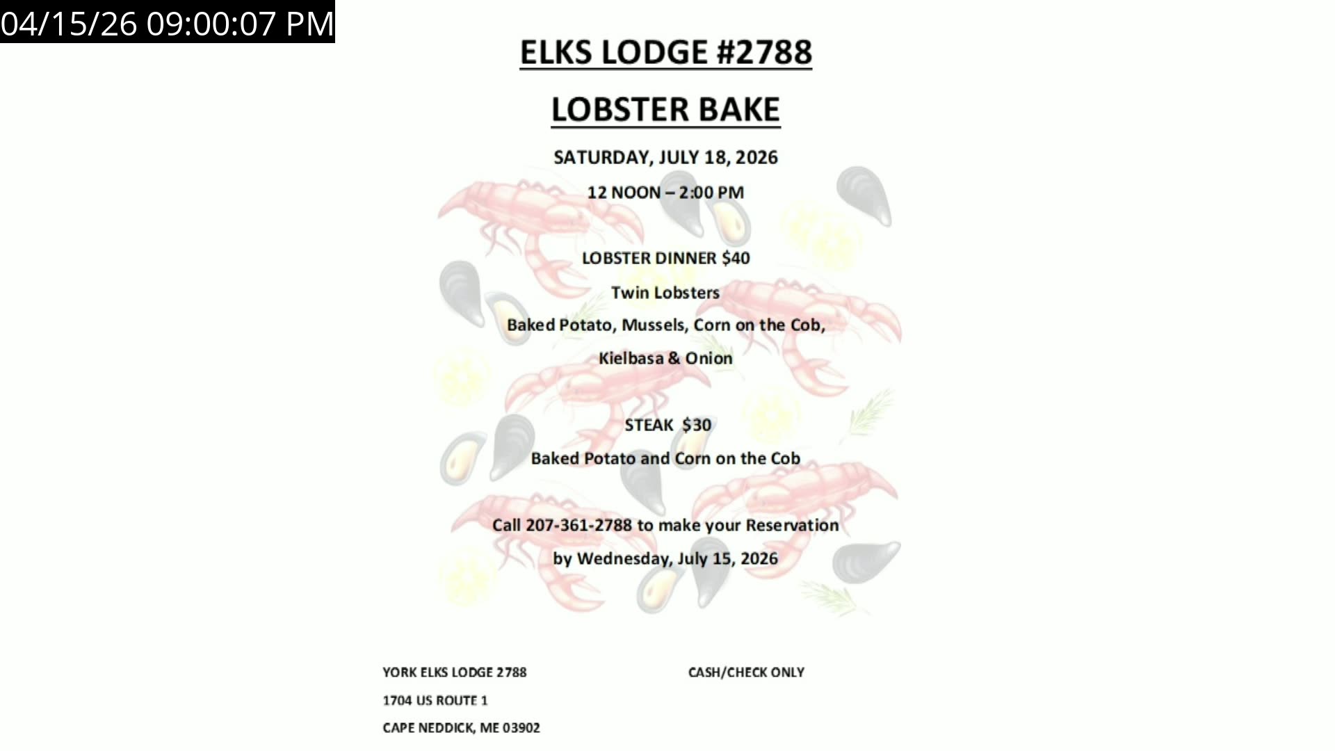 Elks Lodge #2788 Lobster Bake event poster