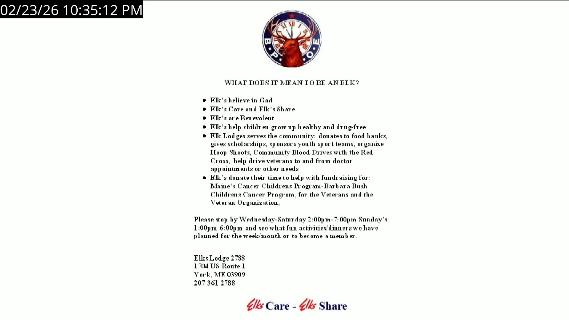 Elks Lodge slide: 'What does it mean to be an Elk?' with community service details