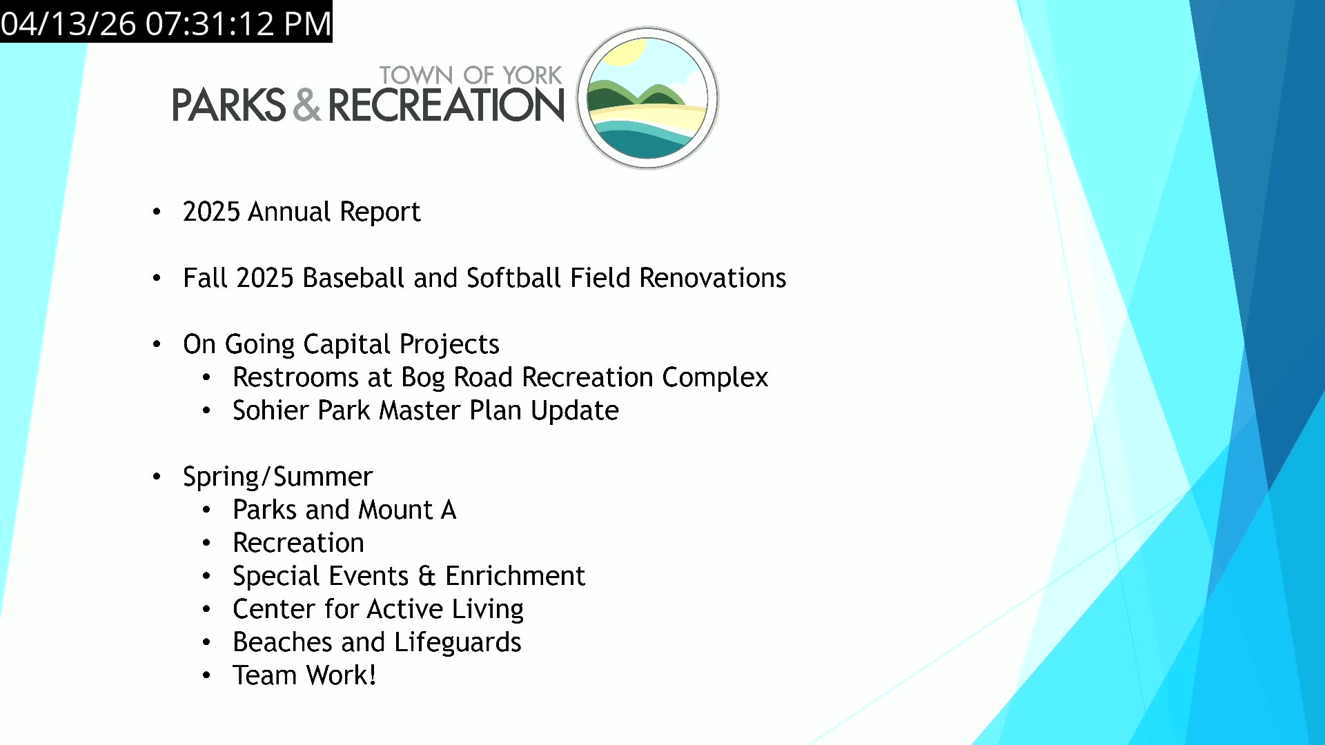 Parks & Recreation 2025 Annual Report and project priorities slide