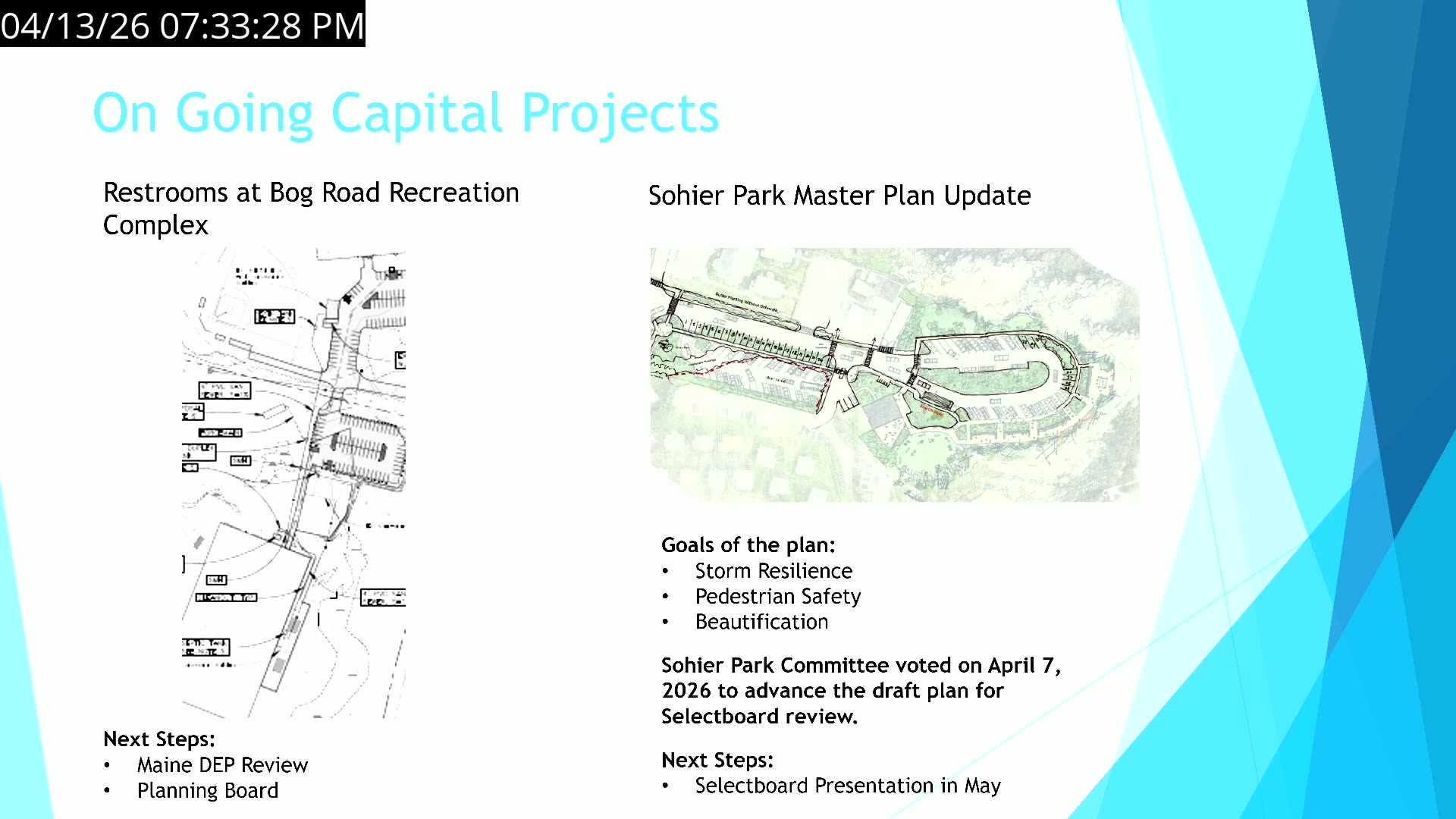 Ongoing capital projects: Bog Road restrooms and Sohier Park master plan with site diagrams