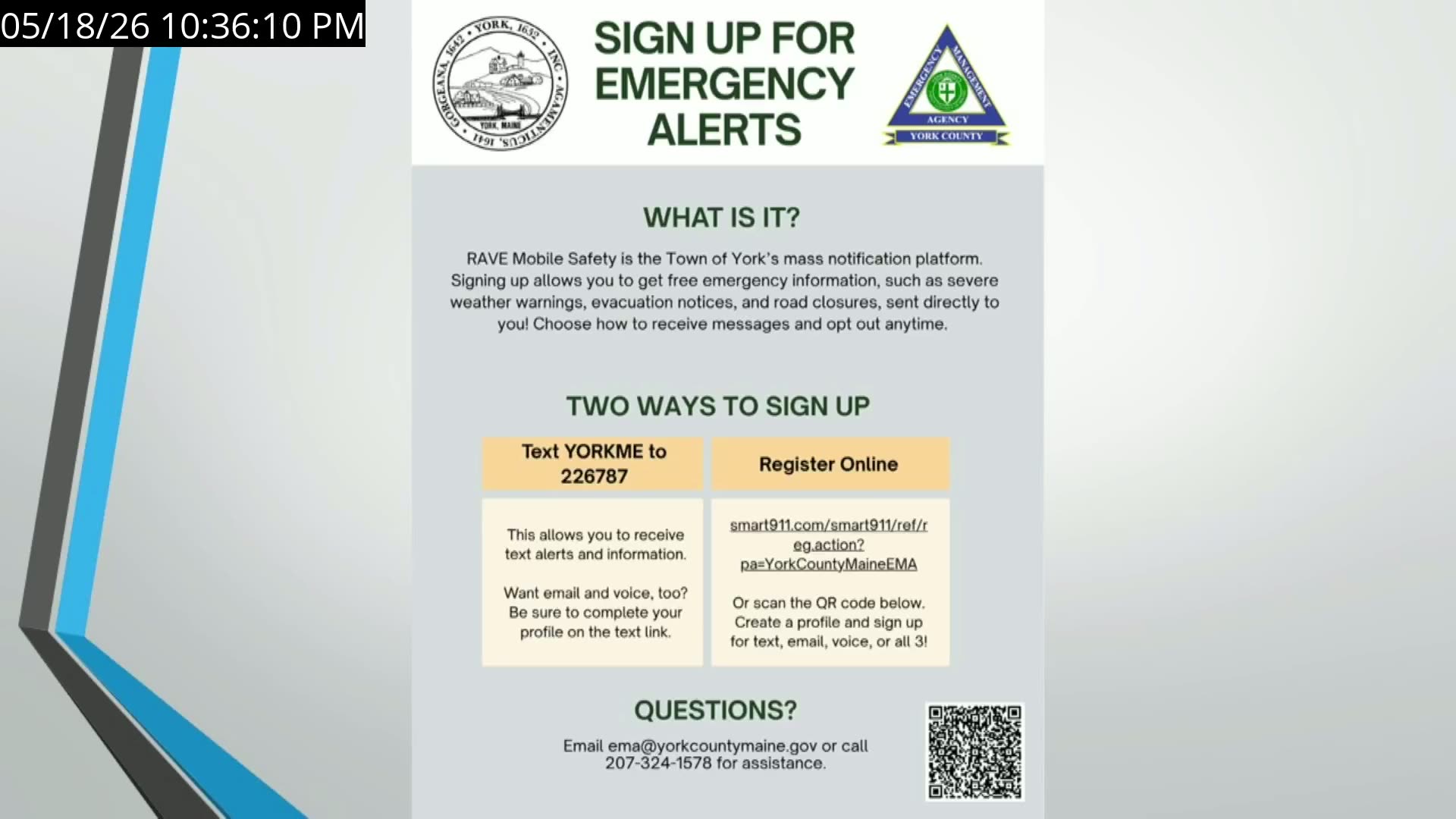 Emergency alert signup slide with QR code and instructions
