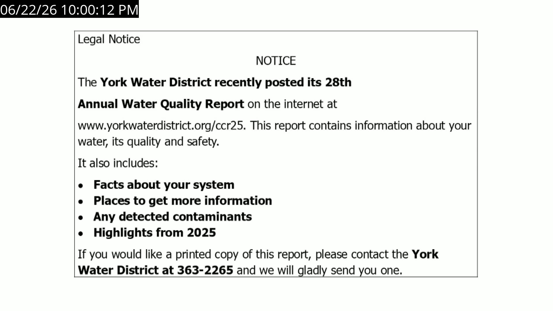 Legal Notice: York Water District 28th Annual Water Quality Report