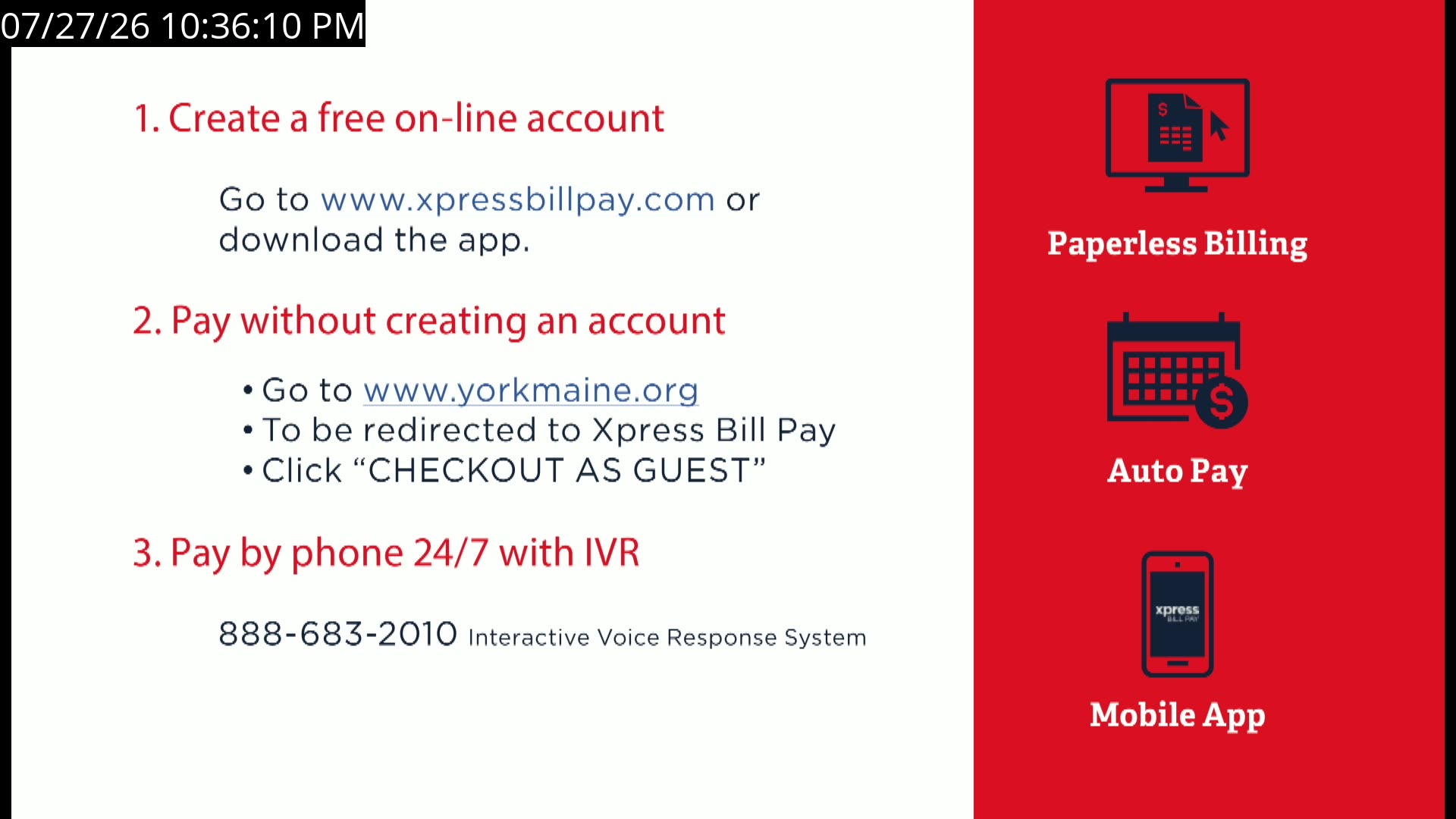 Payment options slide: online account, guest checkout, phone IVR