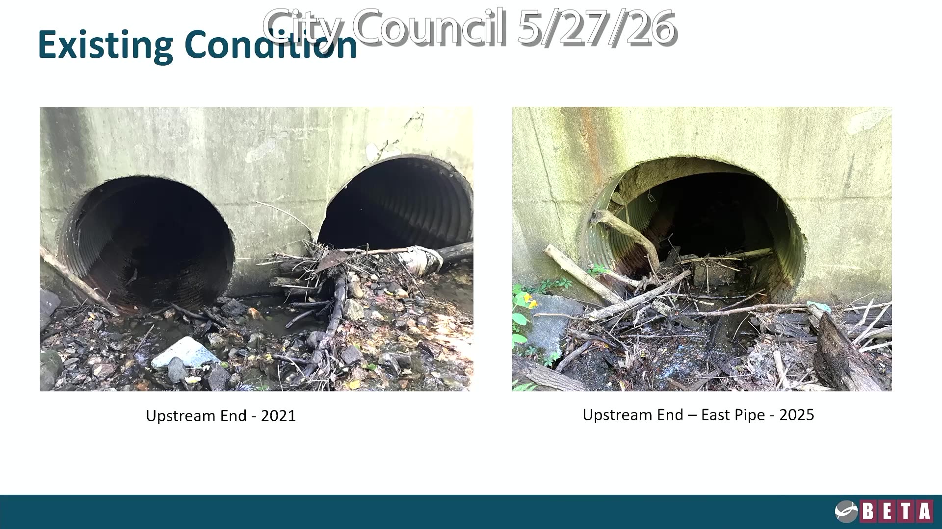 Existing culvert conditions: upstream ends 2021 vs 2025