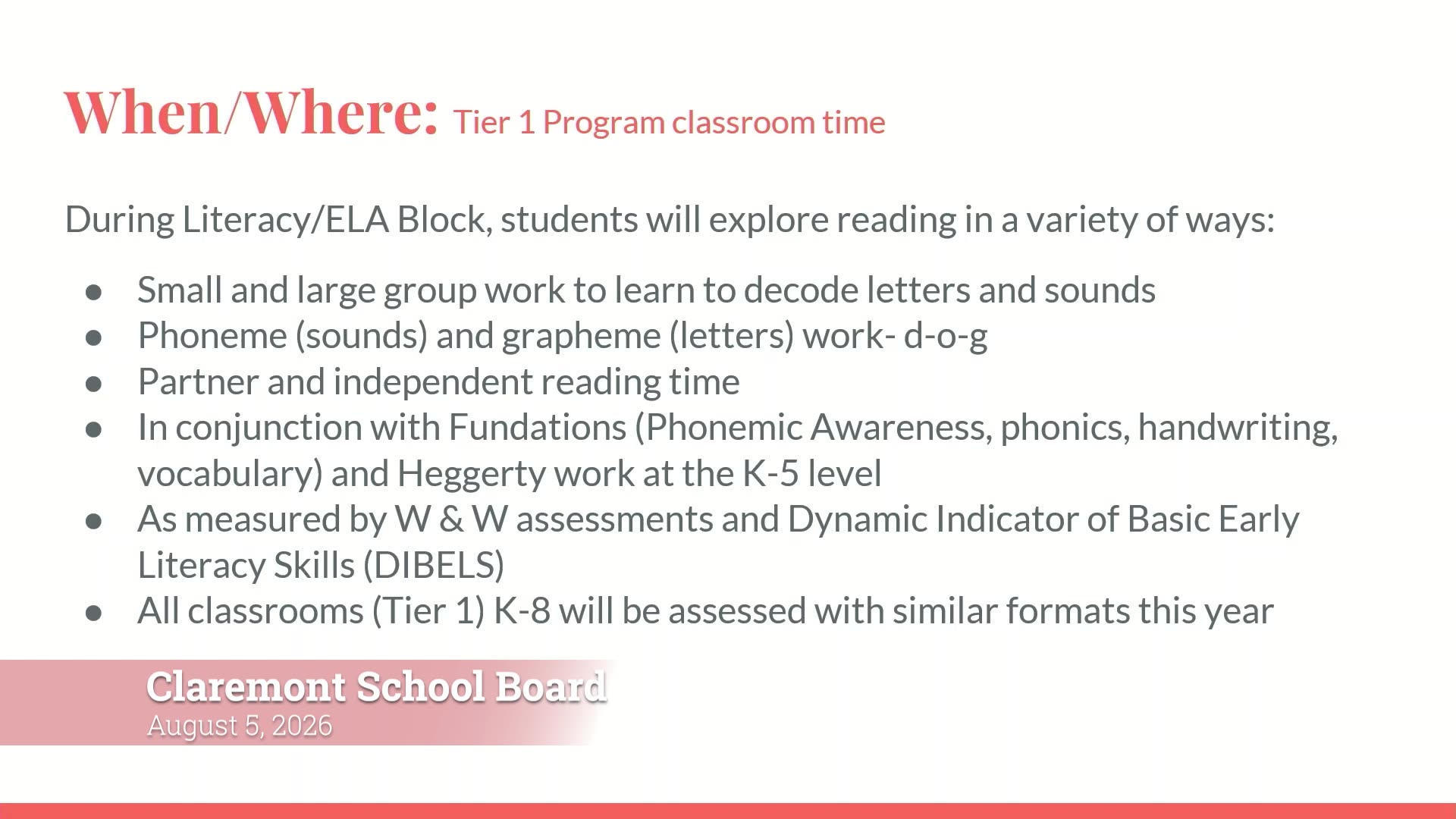 Tier 1 literacy program classroom activities and assessments