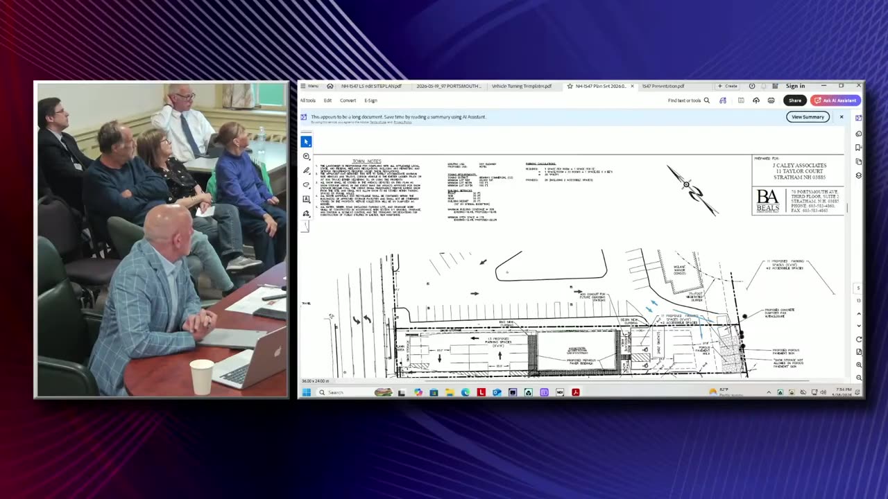 Split view: site plan with parking layout and notes panel