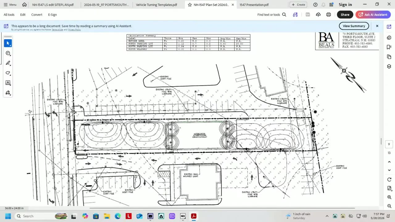 Site plan PDF with parking layout, utilities, and dimensions