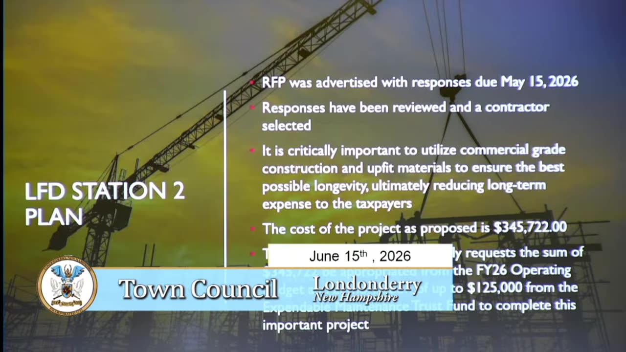 LFD Station 2 Plan slide: RFP, contractor selection, $345,722 project cost