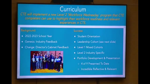 CTE Curriculum slide outlining background and successes