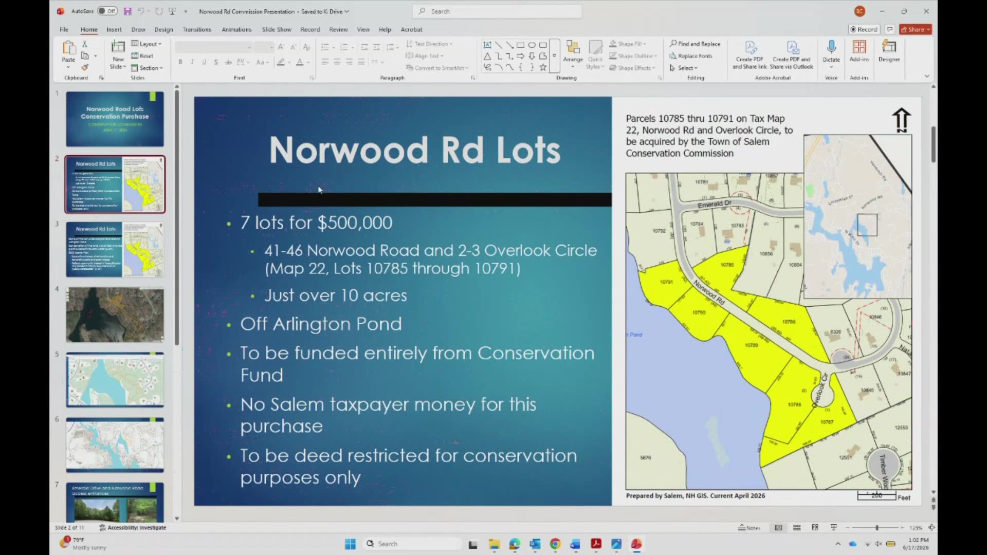 Norwood Rd Lots conservation purchase slide with map