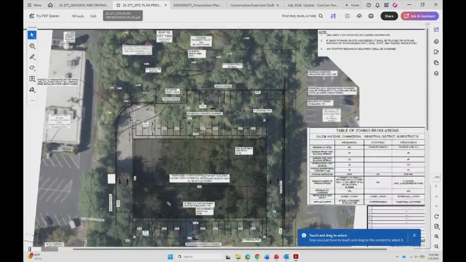 Site plan presentation with zoning table and annotations