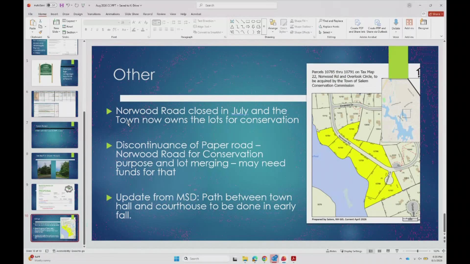 Conservation commission slide: Norwood Rd lots acquired, map of parcels