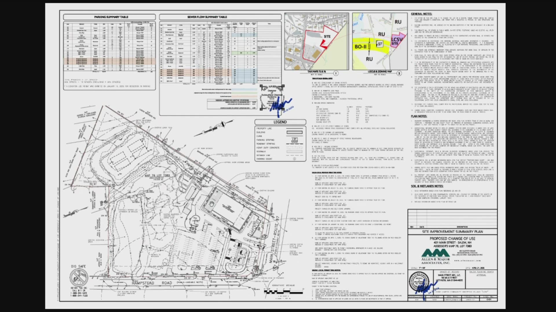 Site improvement plan map with parking/sewer tables and zoning details