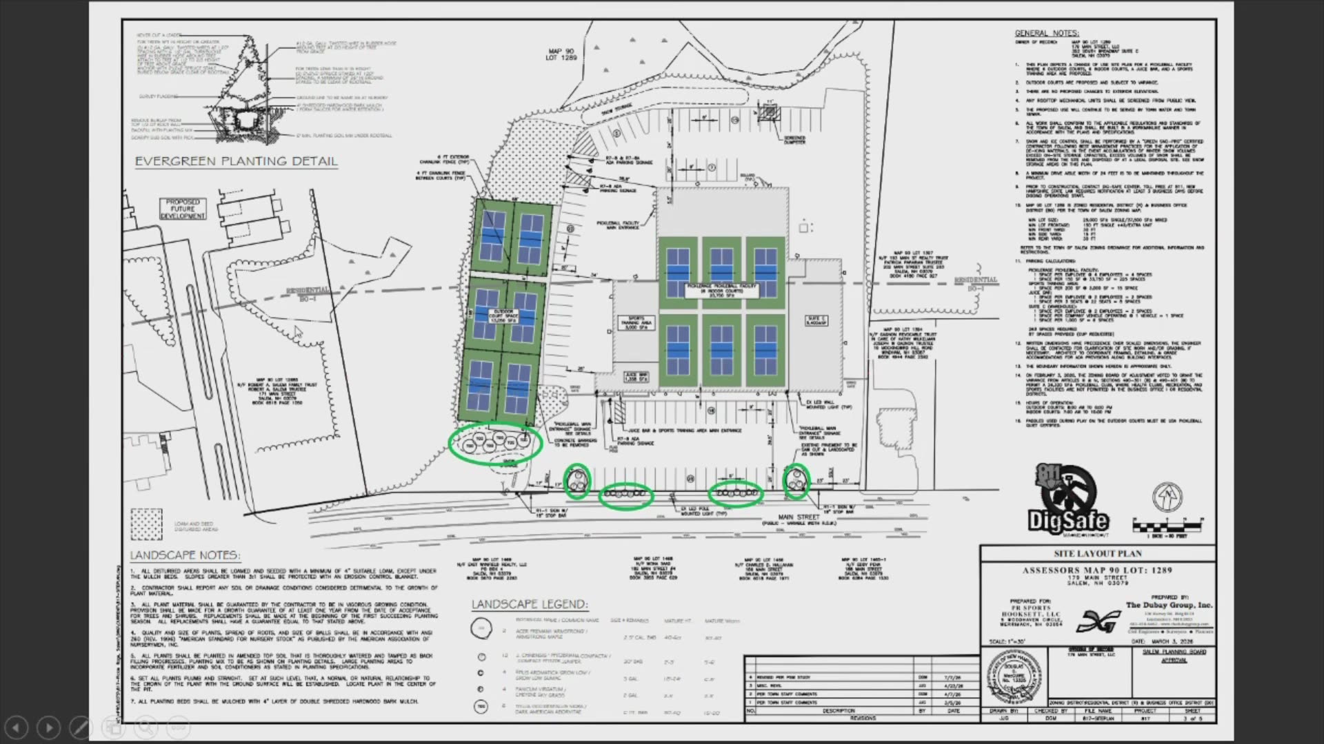 Site layout plan with pickleball courts and landscape details