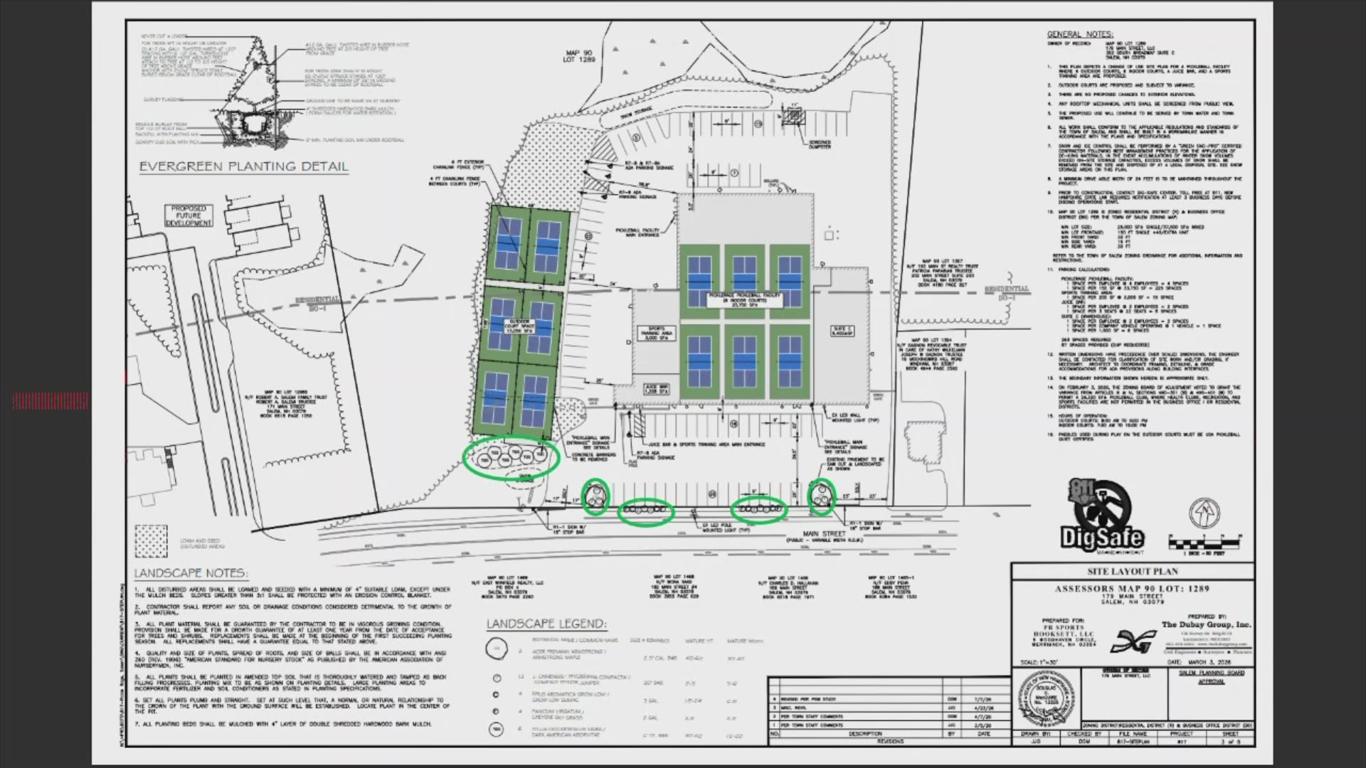Site layout plan with pickleball courts and landscape details