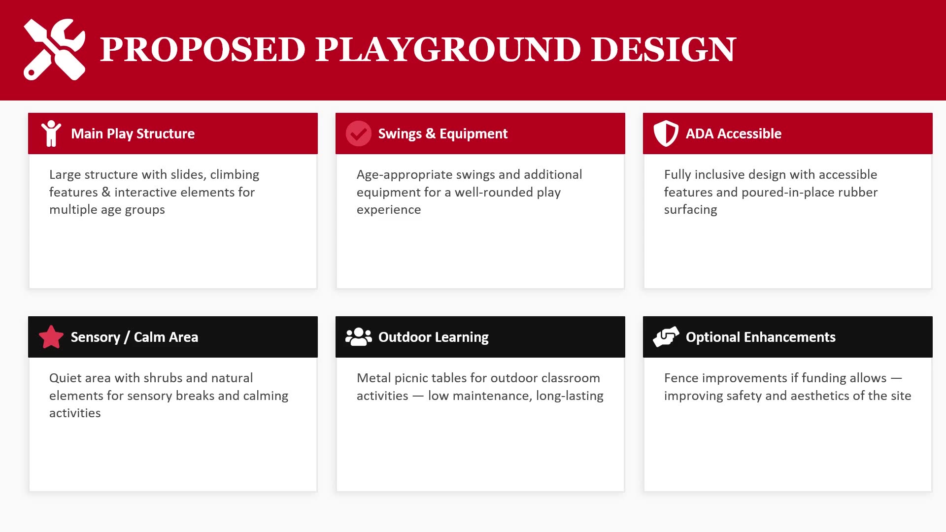 Proposed playground design with main structure, swings, ADA access, sensory area, and enhancements