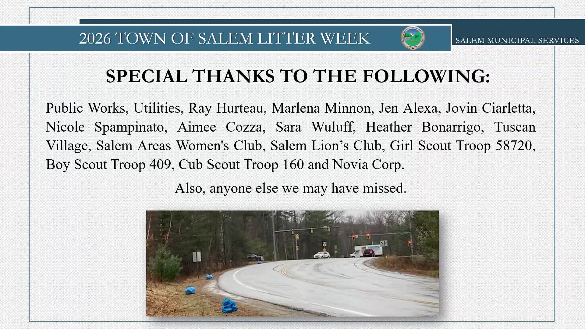 2026 Town of Salem Litter Week thank-you slide with acknowledgments