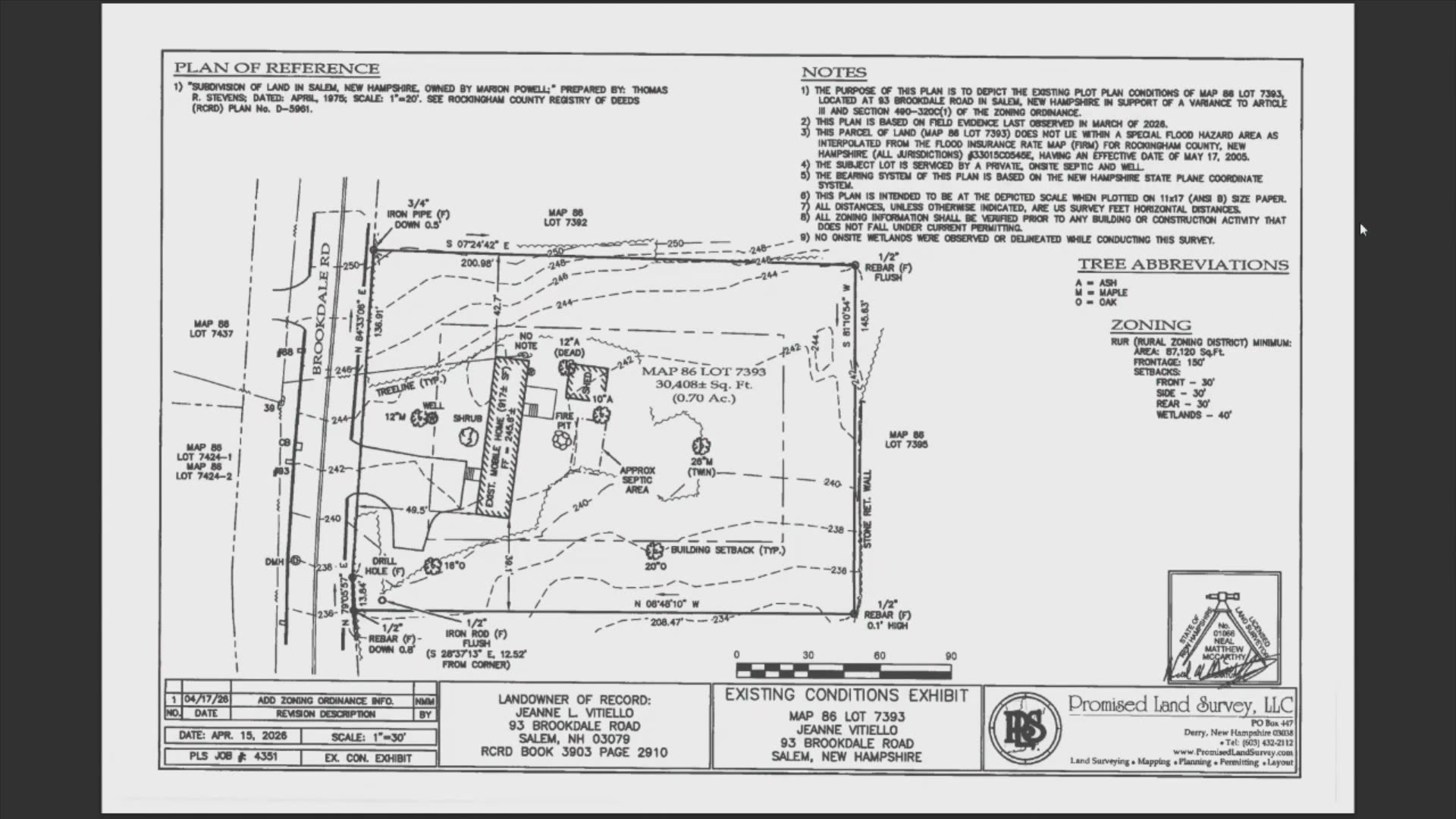 Site plan and zoning exhibit for 93 Brookdale Road, Salem NH